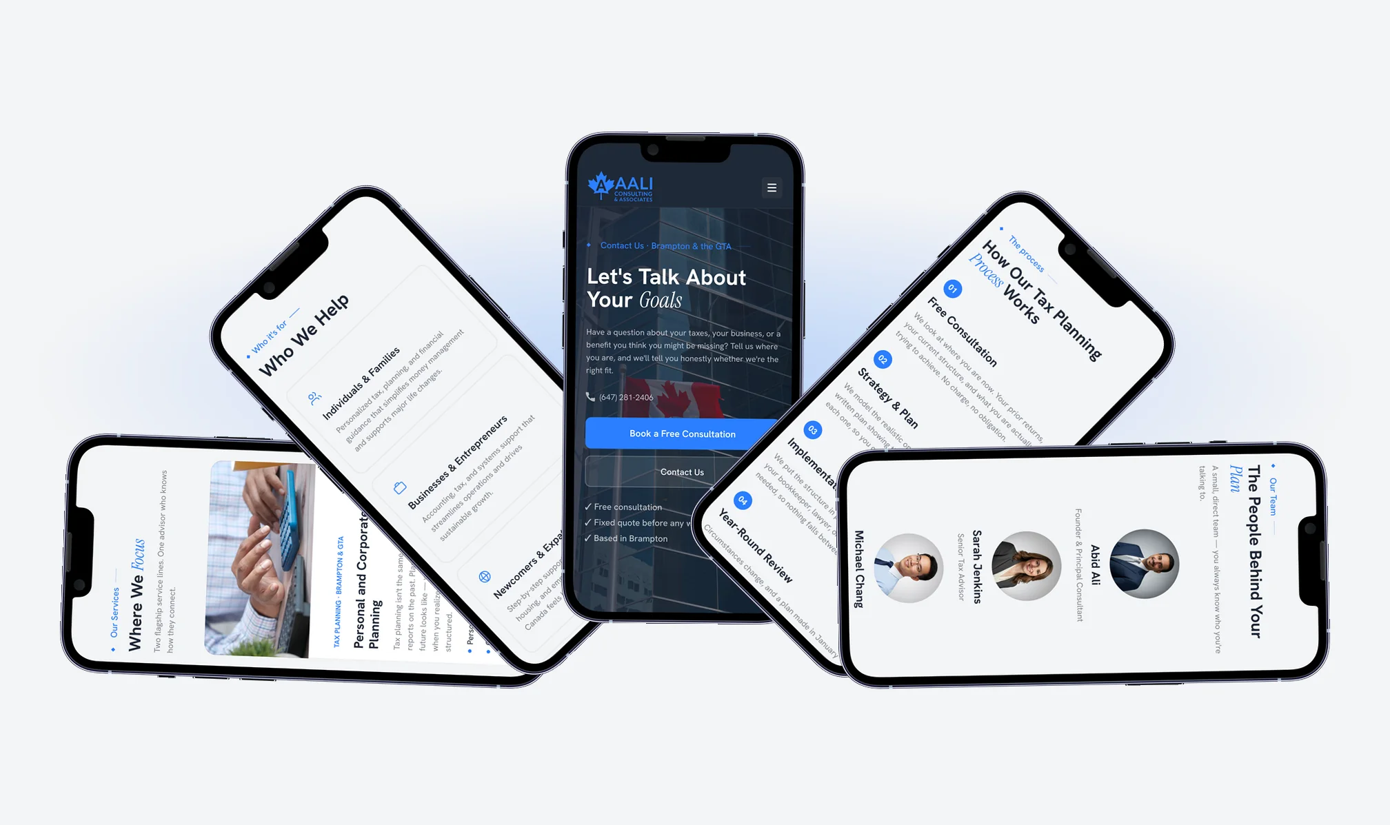 AALI Consulting responsive mobile screens on iPhone mockups