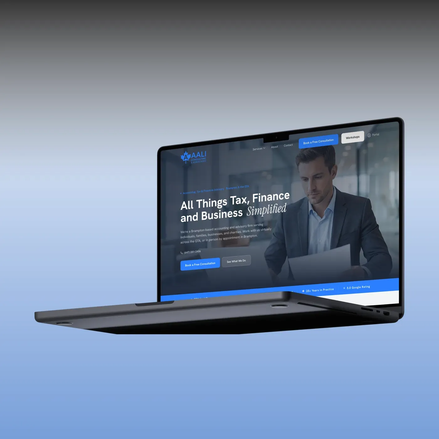 AALI Consulting — tax and finance website redesign shown on a MacBook