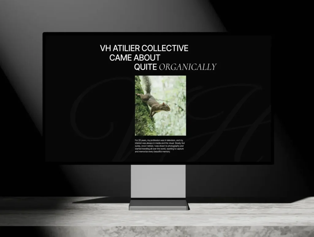 VH Atelier Collective — minimalist editorial photography portfolio website shown on a desktop monitor