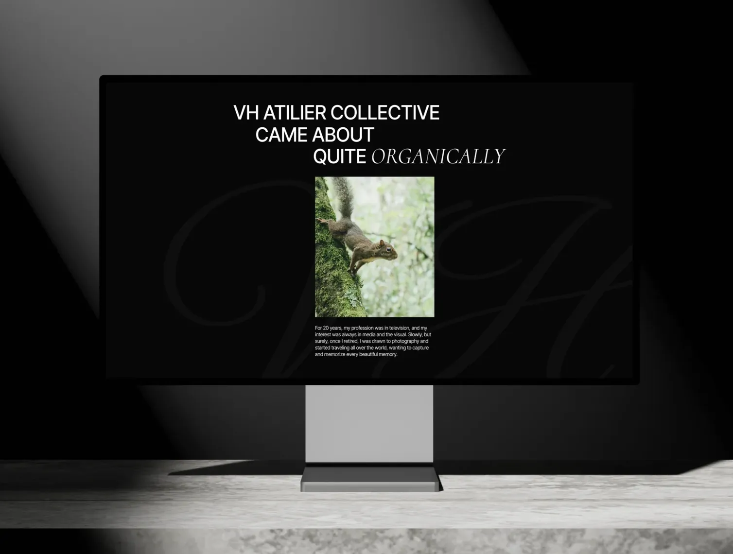 VH Atelier Collective — minimalist editorial photography portfolio website shown on a desktop monitor