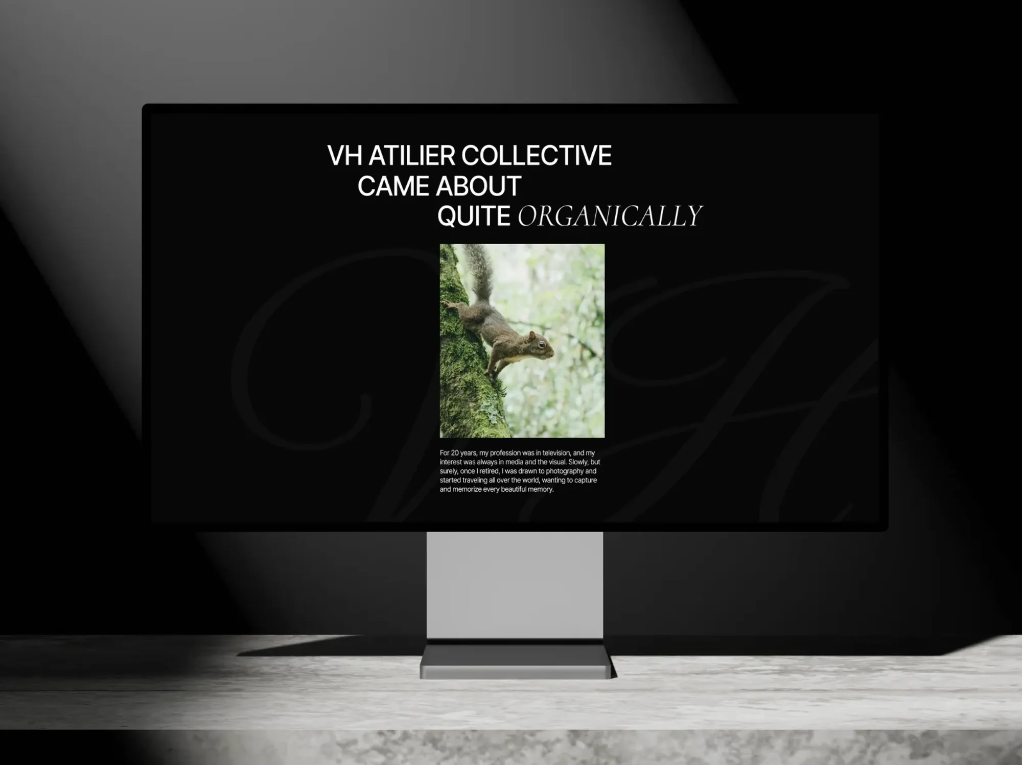 VH Atelier Collective homepage on a desktop monitor — “came about quite organically”