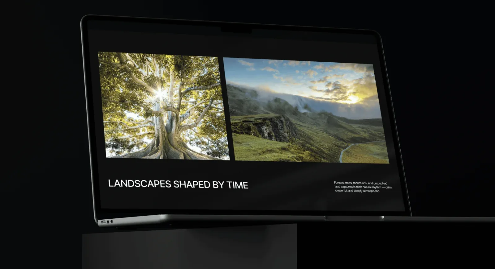 VH Atelier Collective photography portfolio website on a laptop — “Landscapes shaped by time” homepage