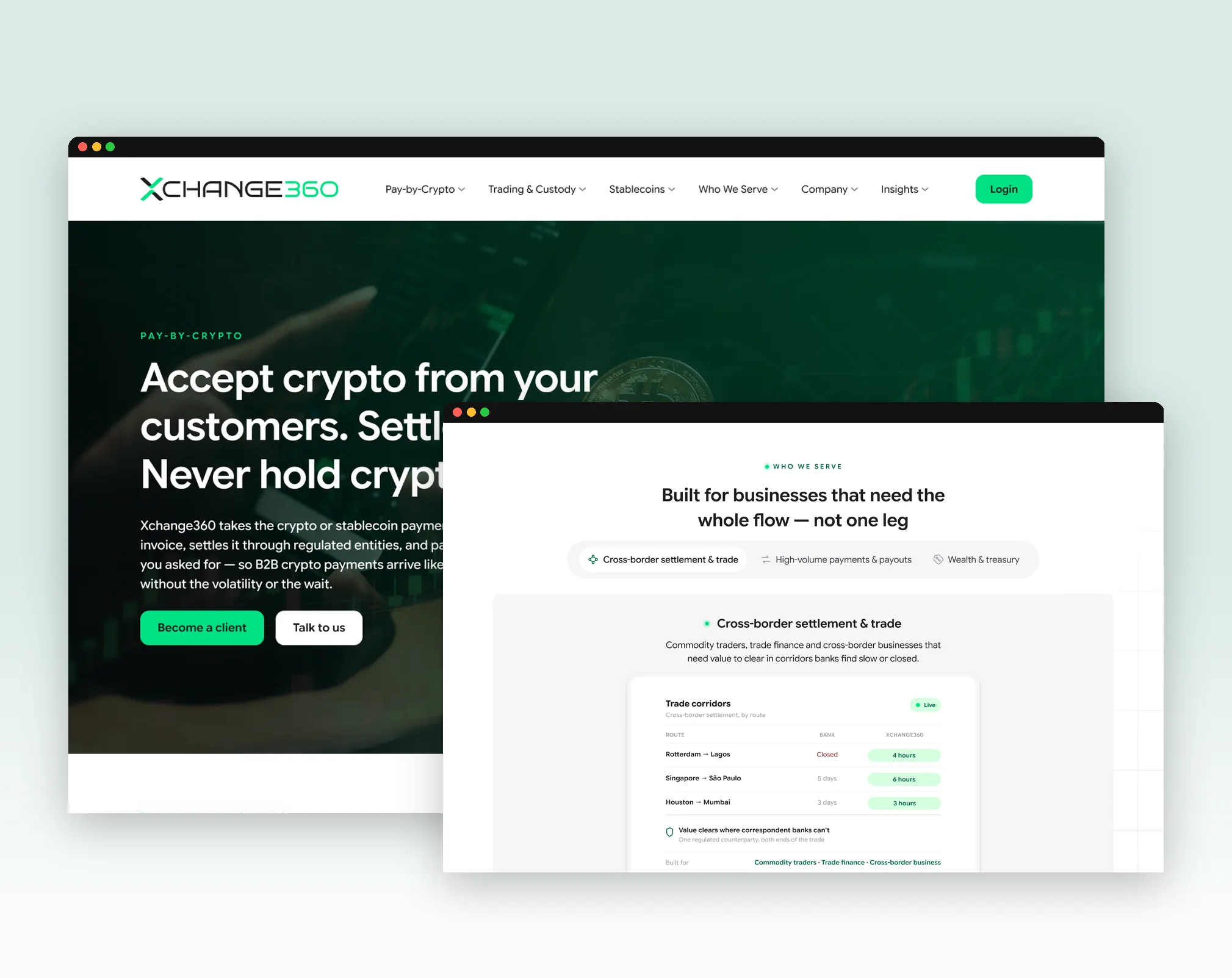 XCHANGE360 desktop website mockups — pay-by-crypto and who-we-serve pages
