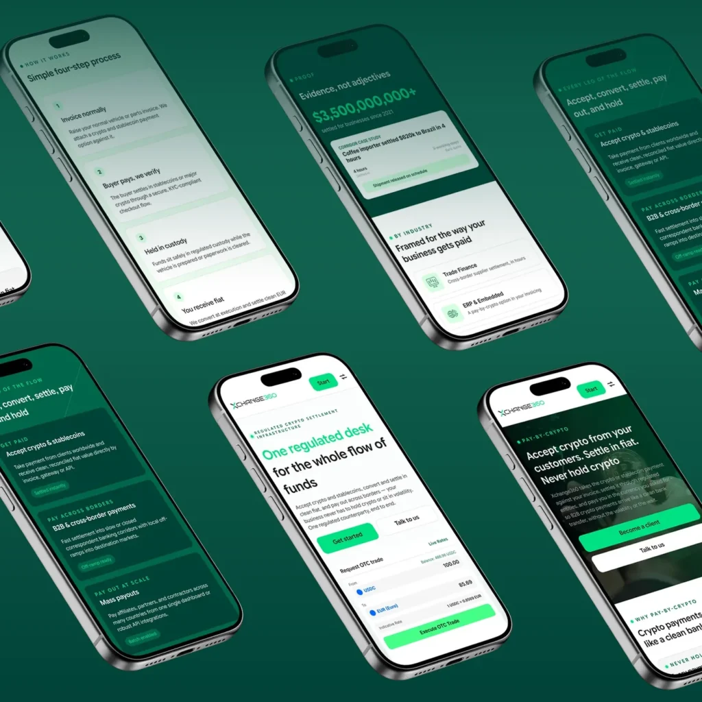 XCHANGE360 fintech website redesign — mobile screens on iPhone mockups