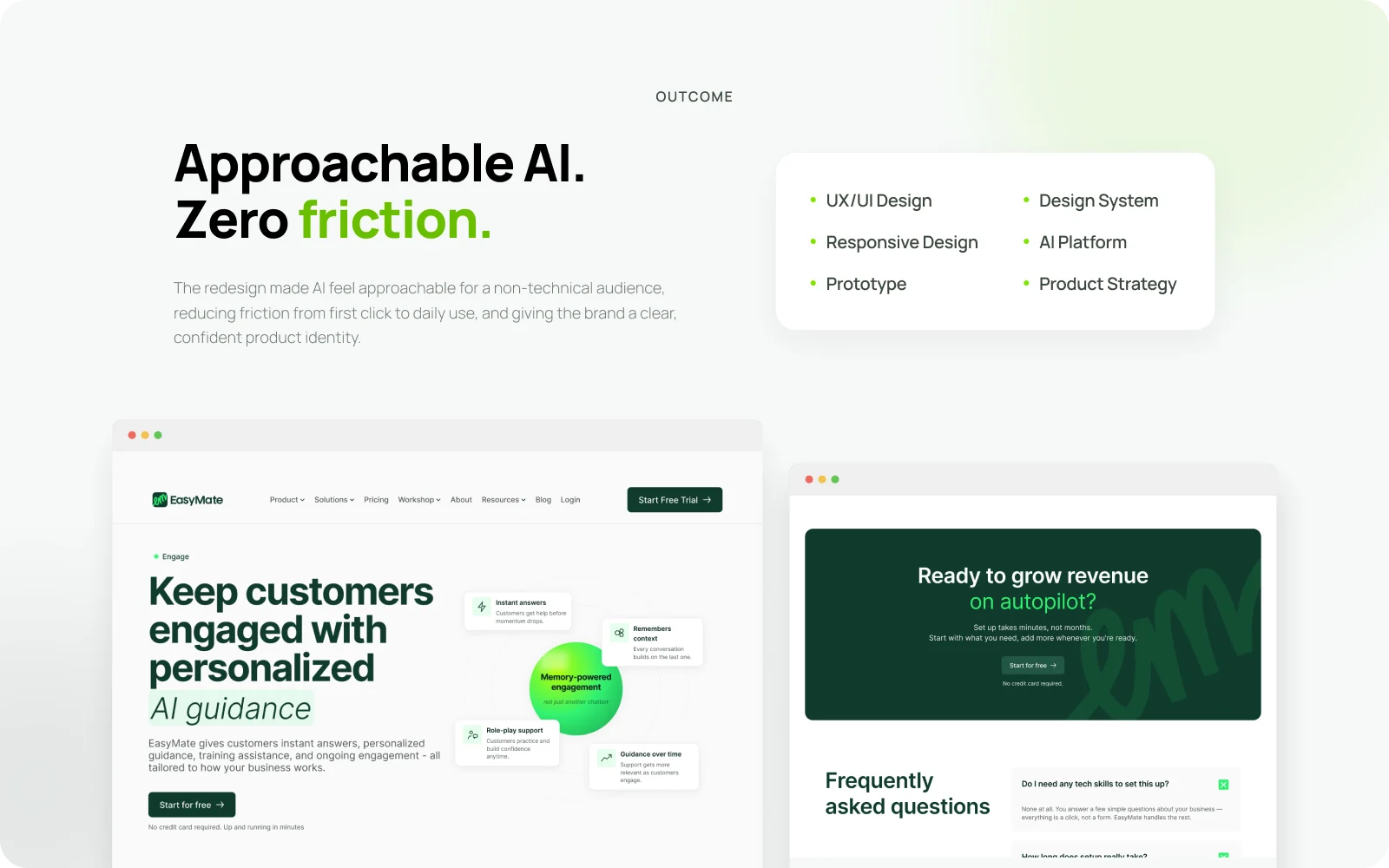 EasyMate AI outcome slide — approachable AI, zero friction, website screens